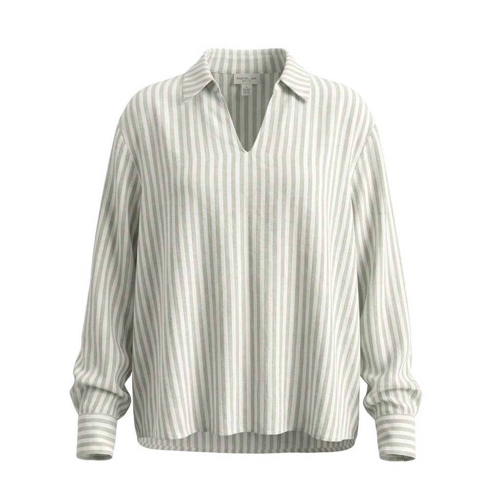 Rachel Zoe 100% Linen Top Women L Sage White Striped V-Neck Collar Long Sleeve